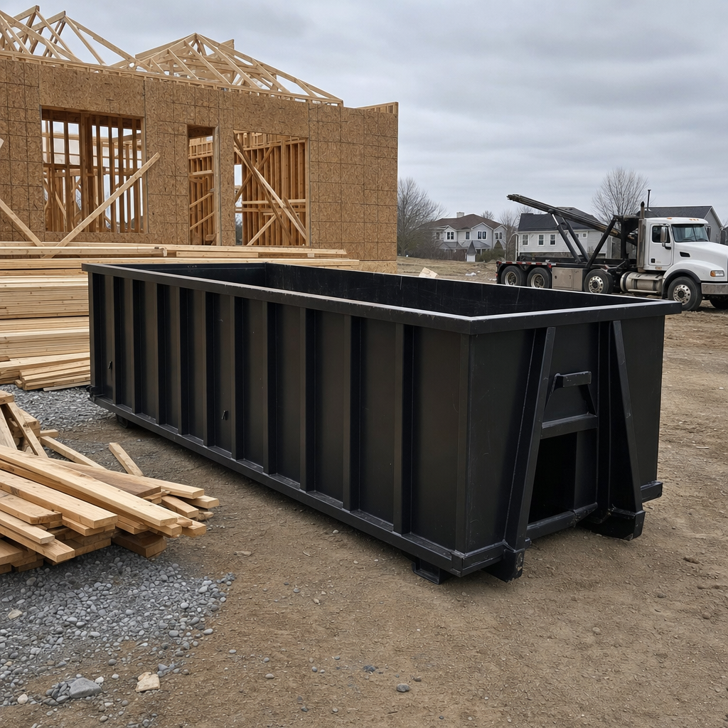 Matte-black 40-yard roll-off dumpster staged on a framed-out residential construction site in San Antonio, framing lumber stacked nearby, hooklift delivery truck visible in the background under bright Colorado daylight