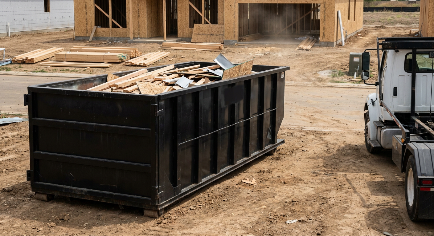 Matte-black 20-yard roll-off construction dumpster with heavy ribbed steel sidewalls and swing rear doors at a working jobsite in San Antonio, sitting directly on compacted dirt with an unmarked white hauler partially visible at the far edge of the frame.