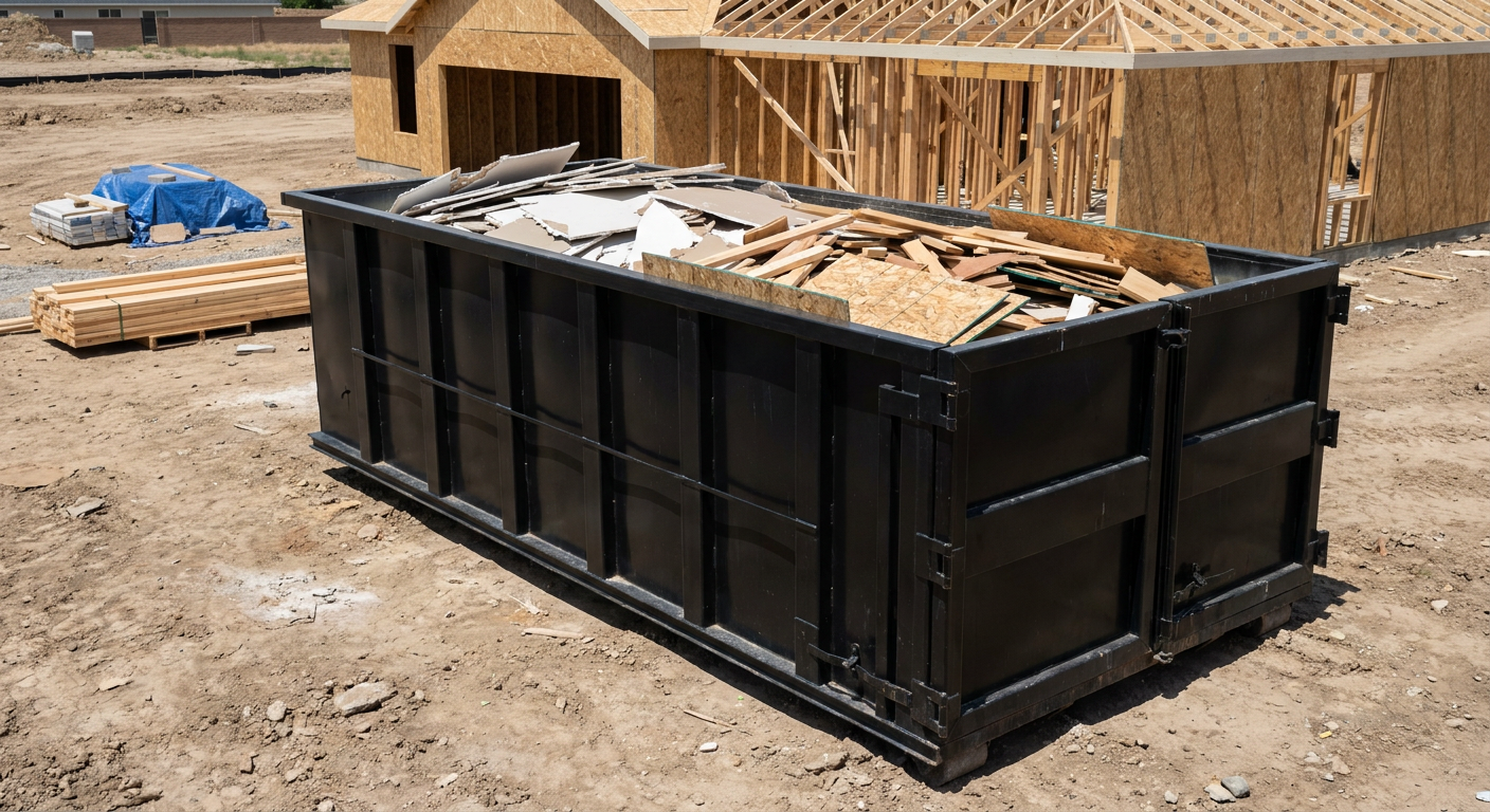 Matte-black 30-yard roll-off construction dumpster sitting directly on the compacted-dirt site of a framed single-family home build in San Antonio, drywall and lumber scrap loaded inside.