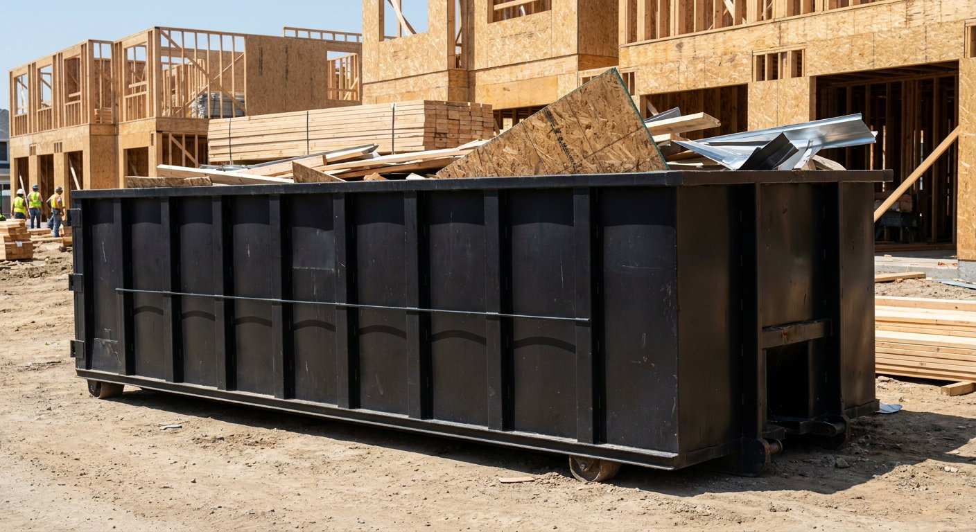 Matte-black 40-yard roll-off construction dumpster being lowered from a white-cab hooklift delivery truck onto the compacted-dirt jobsite at a commercial build site in San Antonio