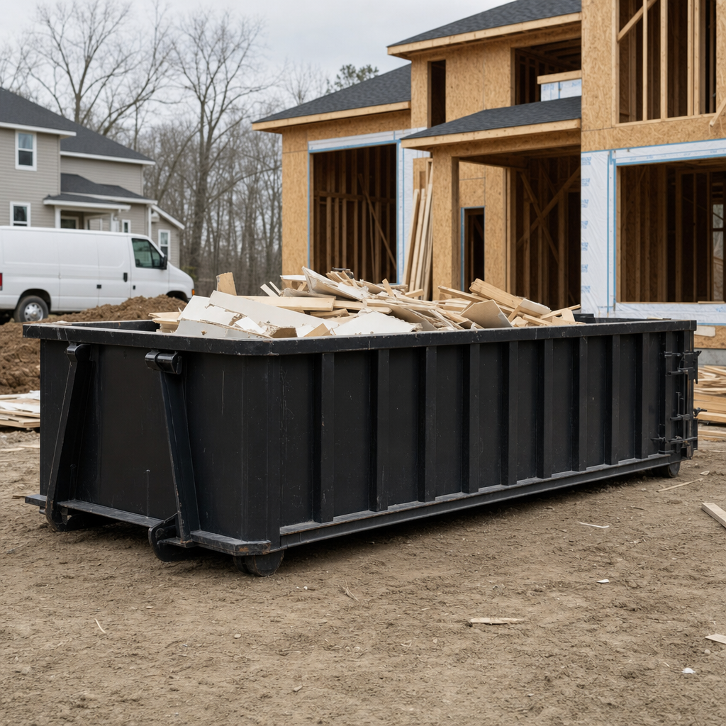 Worker in a yellow high-visibility vest tossing framing lumber and broken drywall into a matte-black 30-yard construction roll-off dumpster on an active build site in San Antonio, bright daylight