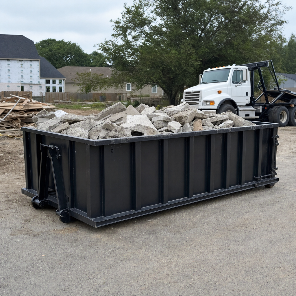 Low-profile matte-black lowboy roll-off dumpster loaded with broken concrete slab and rebar at a foundation tear-out in San Antonio, skid steer parked beside it, sunny Colorado morning