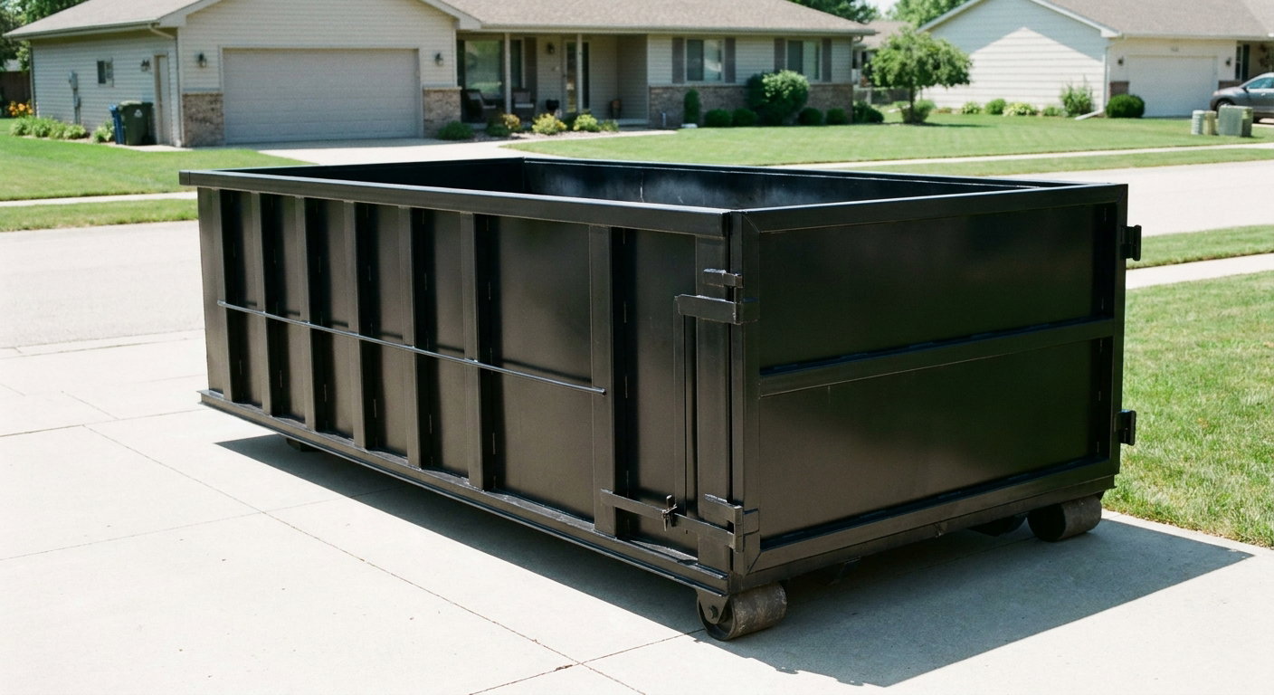 Matte-black 10-yard roll-off dumpster on a residential concrete driveway in San Antonio, uniformly painted matte black across every panel and rail, ribbed steel sidewalls and rear swing door visible, mid-day daylight.