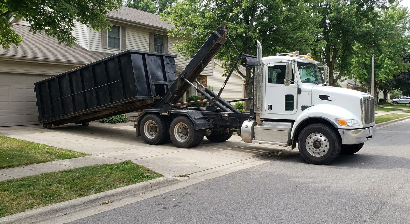 White-cab hooklift roll-off truck actively lowering a matte-black dumpster onto a San Antonio residential concrete driveway, the dumpster's rear wheels touching the driveway as the hoist arm tilts the bed forward, mid-morning daylight.