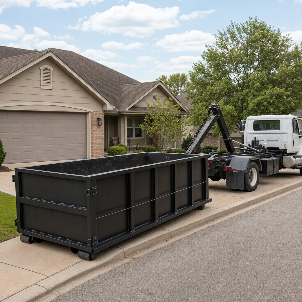 Wide documentary shot of a matte-black roll-off dumpster on a San Antonio residential driveway in the foreground and a contractor jobsite container in the soft-focus background, bright daylight, calm and orderly composition.