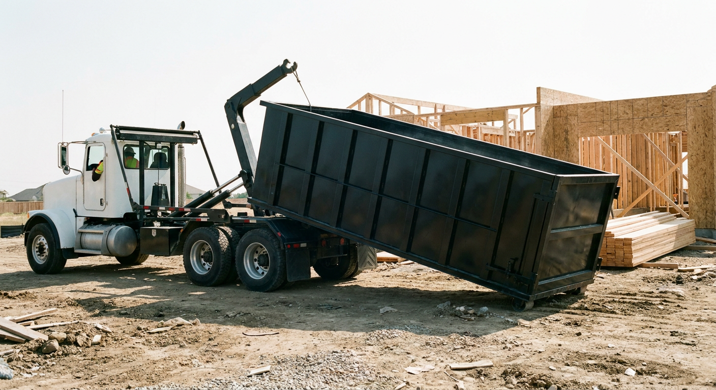 Matte-black roll-off dumpster being delivered onto a clean residential concrete driveway in San Antonio by an unmarked white hooklift hauler truck, bright morning daylight, documentary 35mm perspective.