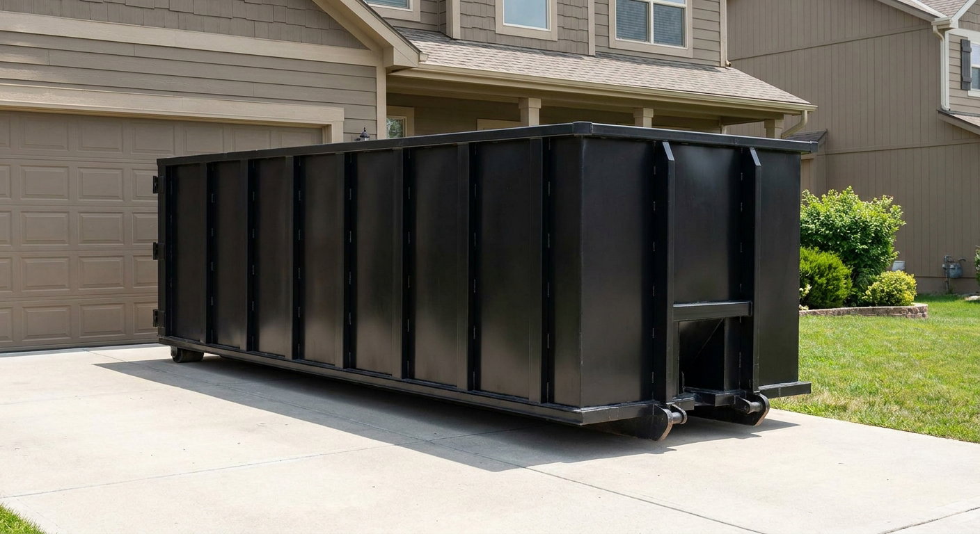 Matte-black residential roll-off dumpster sitting directly on a suburban San Antonio concrete driveway, garage door closed, single-family home in background, bright morning daylight.