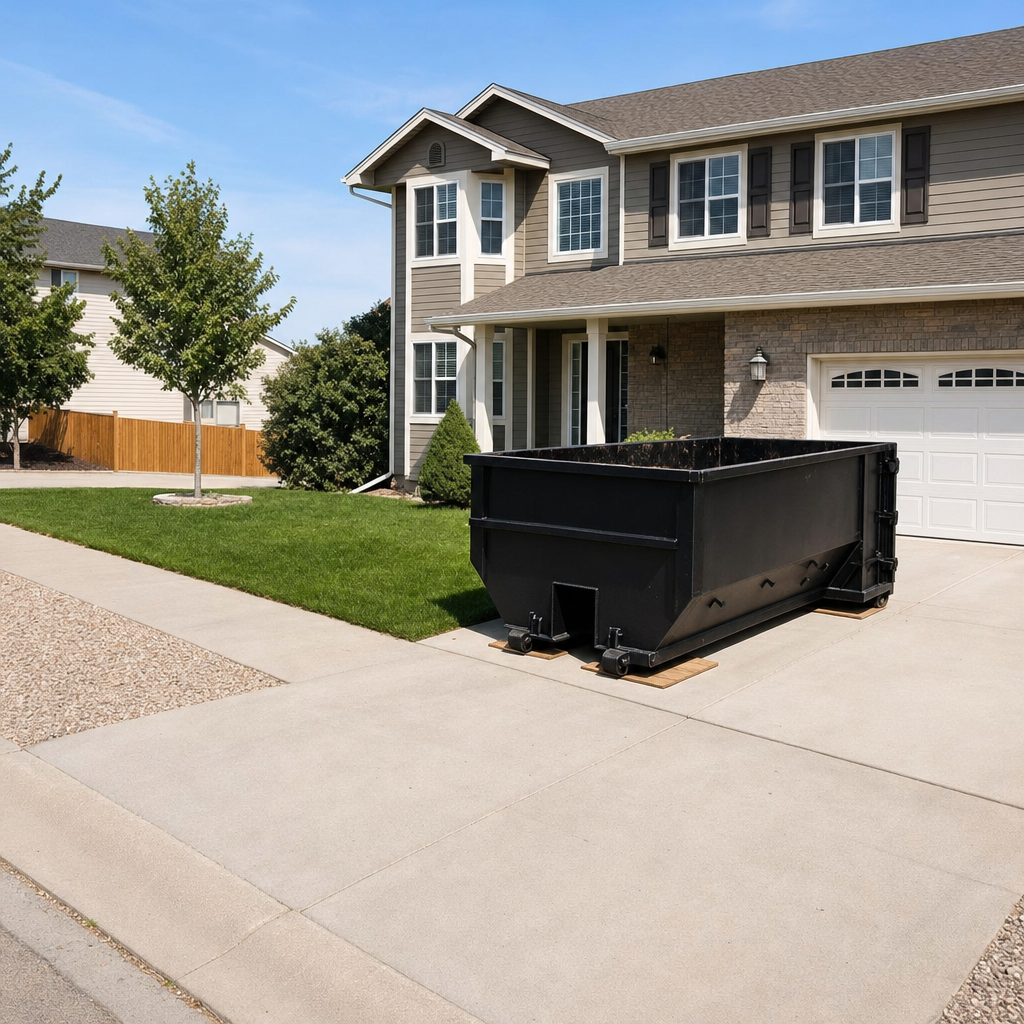 10-yard matte-black residential dumpster placed directly on a narrow San Antonio concrete driveway, room remains for a parked sedan beside it, mid-morning natural light