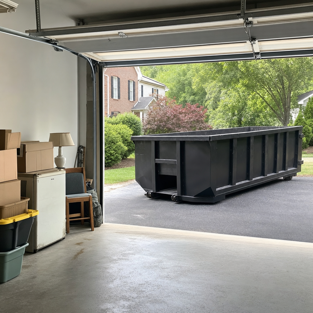 Open garage interior in a San Antonio home mid-cleanout — boxed items, an old appliance, and stacked yard tools queued near the driveway for a matte-black roll-off dumpster, organized and calm