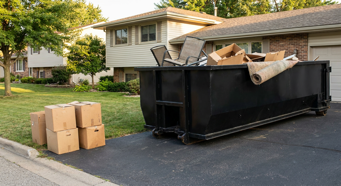 Front-yard view of a San Antonio split-level home with a 20-yard matte-black roll-off dumpster sitting directly on the asphalt driveway, a few clearly labeled donation boxes staged at the curb, calm sunny afternoon.