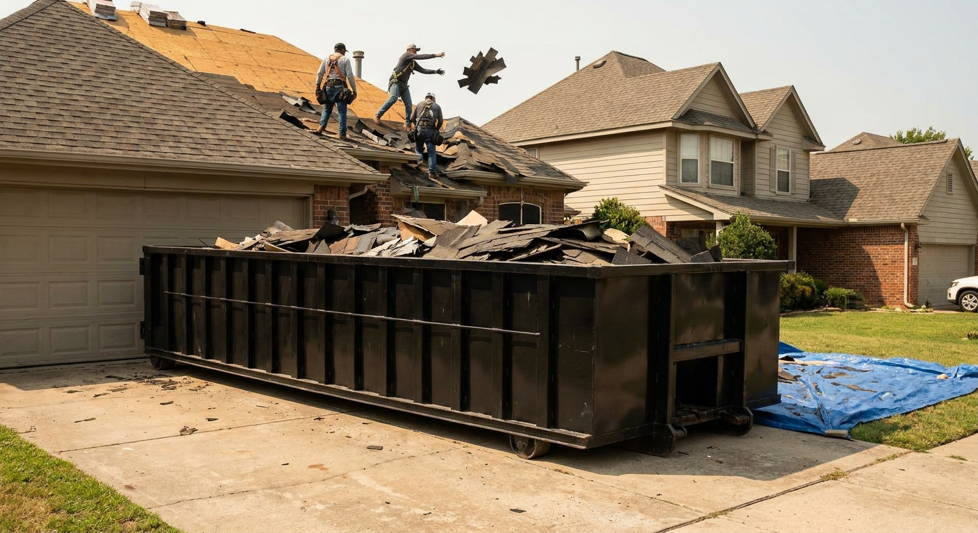 Matte-black roofing roll-off dumpster placed directly on a San Antonio residential concrete driveway, a tear-off crew on a two-story asphalt-shingle roof tossing shingle bundles into the low-walled container, bright daylight, documentary 35mm perspective.