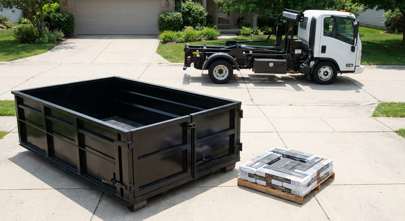 Matte-black 15-yard roofing roll-off dumpster with reinforced low side walls sitting directly on a San Antonio residential concrete driveway, three-tab asphalt shingle bundles stacked nearby, an unmarked white hauler truck partially visible at the edge of the frame.