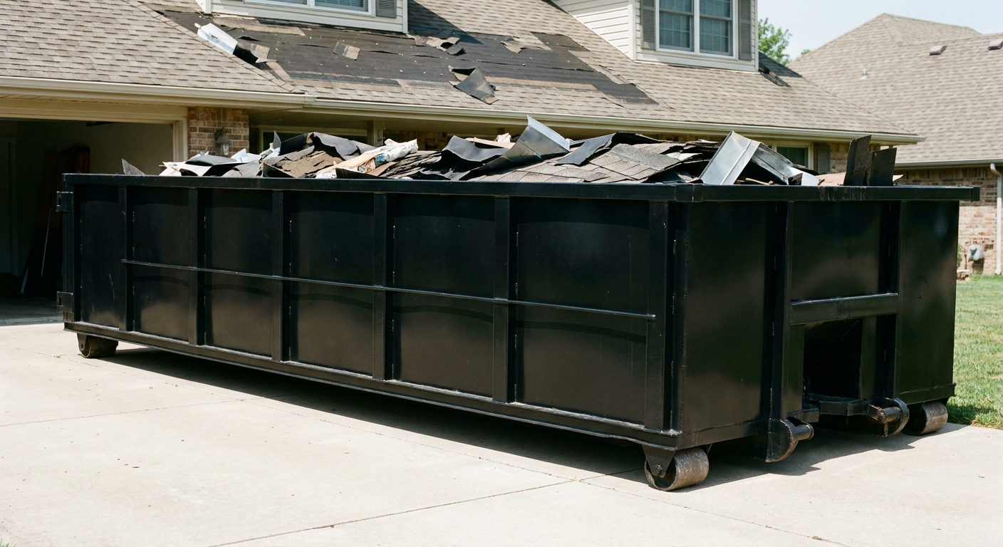 Matte-black 20-yard roofing roll-off dumpster with steel ribbed sides and swinging rear door, sitting directly on the concrete driveway of a two-story San Antonio home, asphalt shingle debris being loaded over the low wall, clean documentary lighting.
