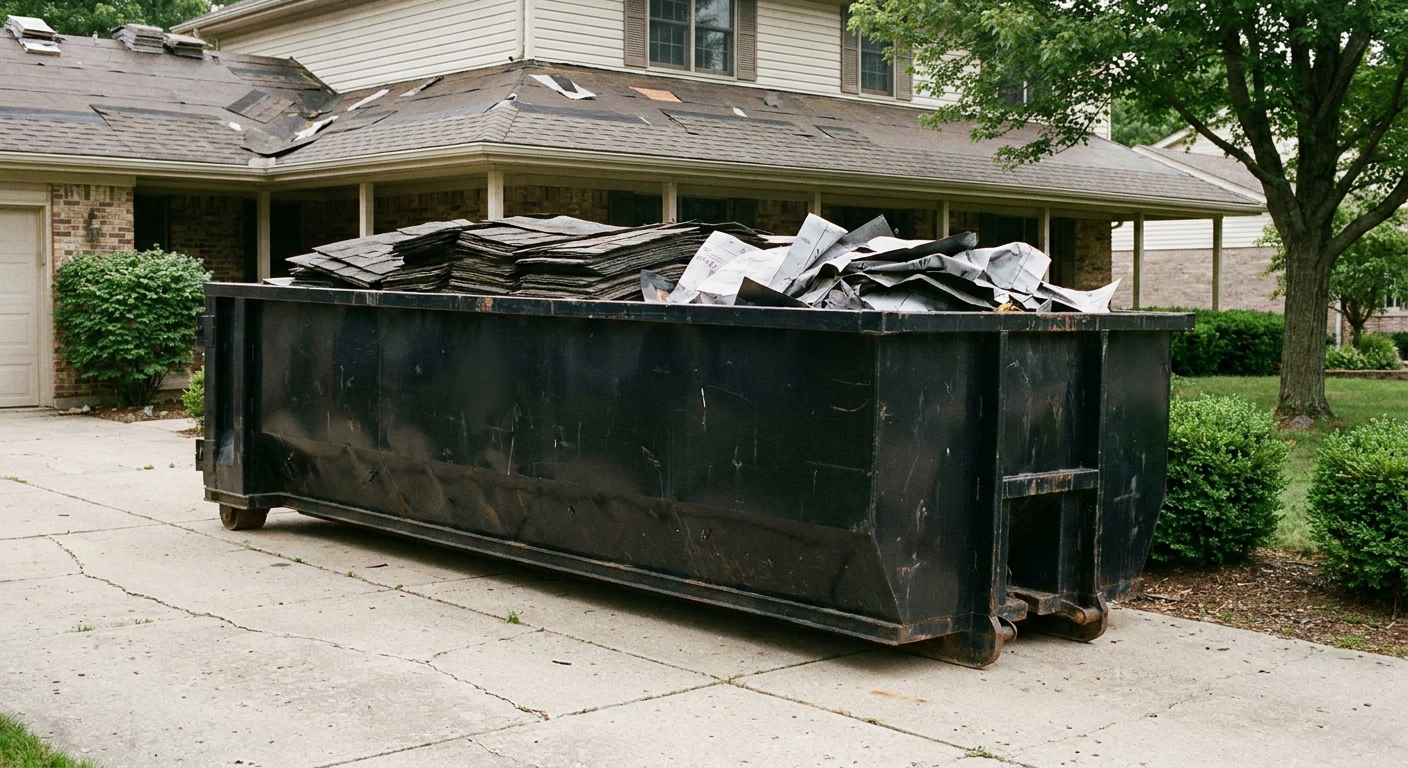 Matte-black 30-yard roofing roll-off dumpster sitting directly on a San Antonio concrete driveway, taller ribbed steel side panels, mixed tear-off debris of asphalt shingles and underlayment inside, professional documentary daylight.