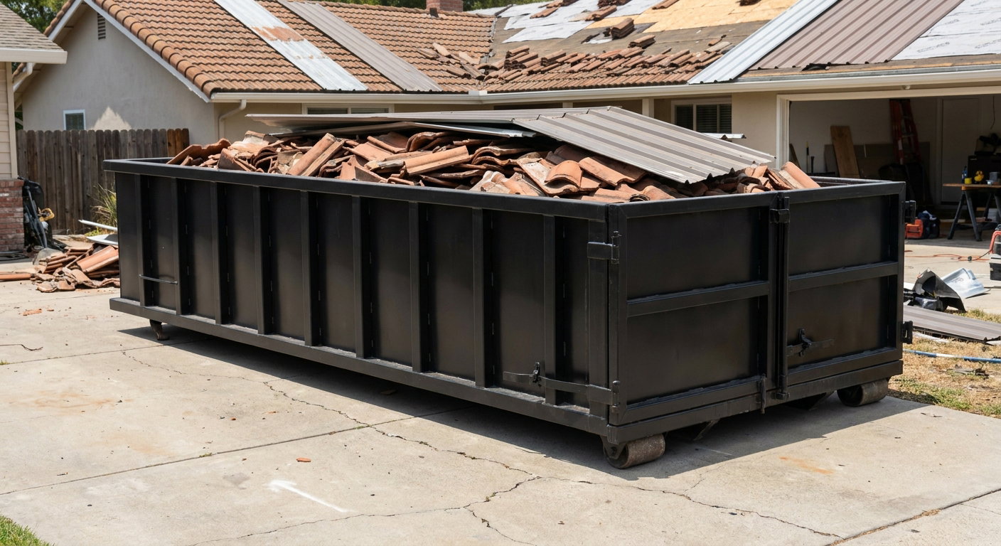 Matte-black low-wall heavy-debris roofing roll-off dumpster sitting directly on a San Antonio concrete driveway, broken concrete clay roof tiles and metal panel sections loaded inside, reinforced ribbed steel side walls visible, bright outdoor daylight.