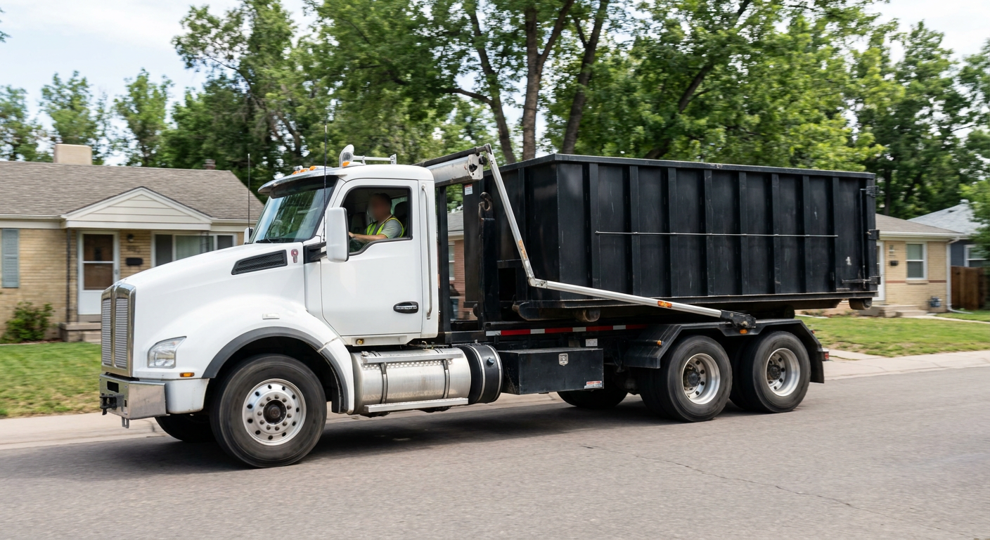 A wide documentary shot of a matte-black roll-off delivery truck pulling onto a quiet San Antonio residential street at mid-morning, with neighborhood rooftops and tree-lined blocks visible behind, showing the metro coverage footprint.