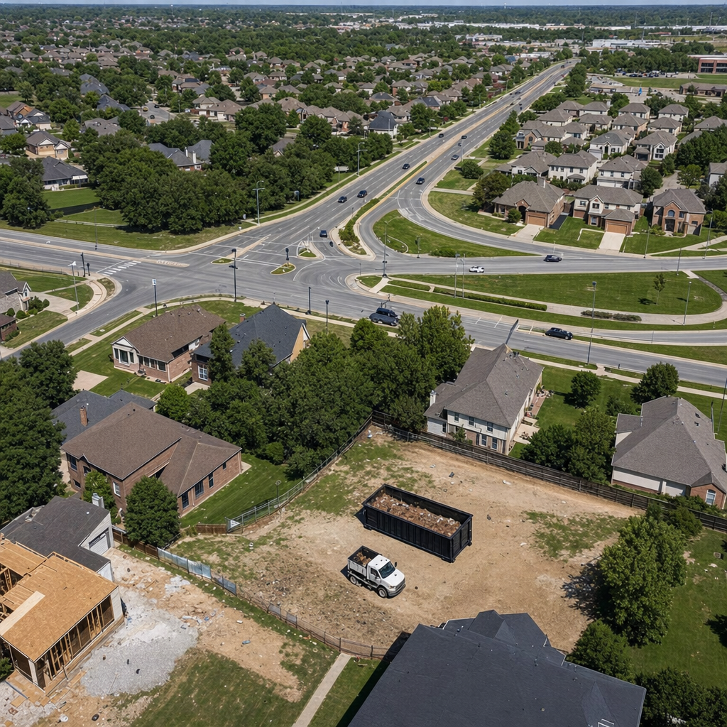 An overhead documentary view of the San Antonio metro area at midday, showing the spread of neighborhoods, arterial roads, and the dispatch radius from a central yard — clean daylight, organized geographic layout.