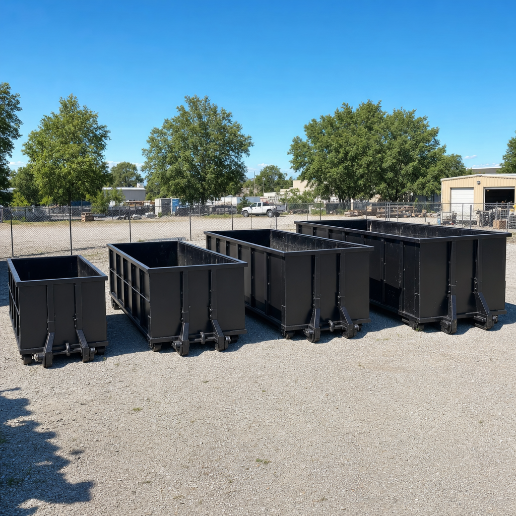 A clean lineup of matte-black roll-off dumpsters in 10, 20, 30, and 40-yard sizes staged on a sunlit gravel yard in San Antonio, showing the size progression from compact to commercial-scale containers.