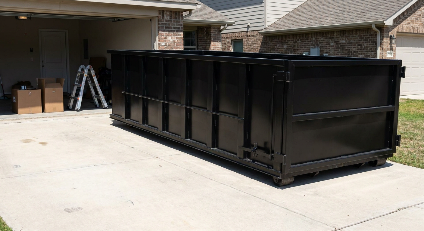 A matte-black 10-yard roll-off dumpster sitting directly on a residential San Antonio concrete driveway, mid-day sunlight, clean and ready for a garage cleanout.