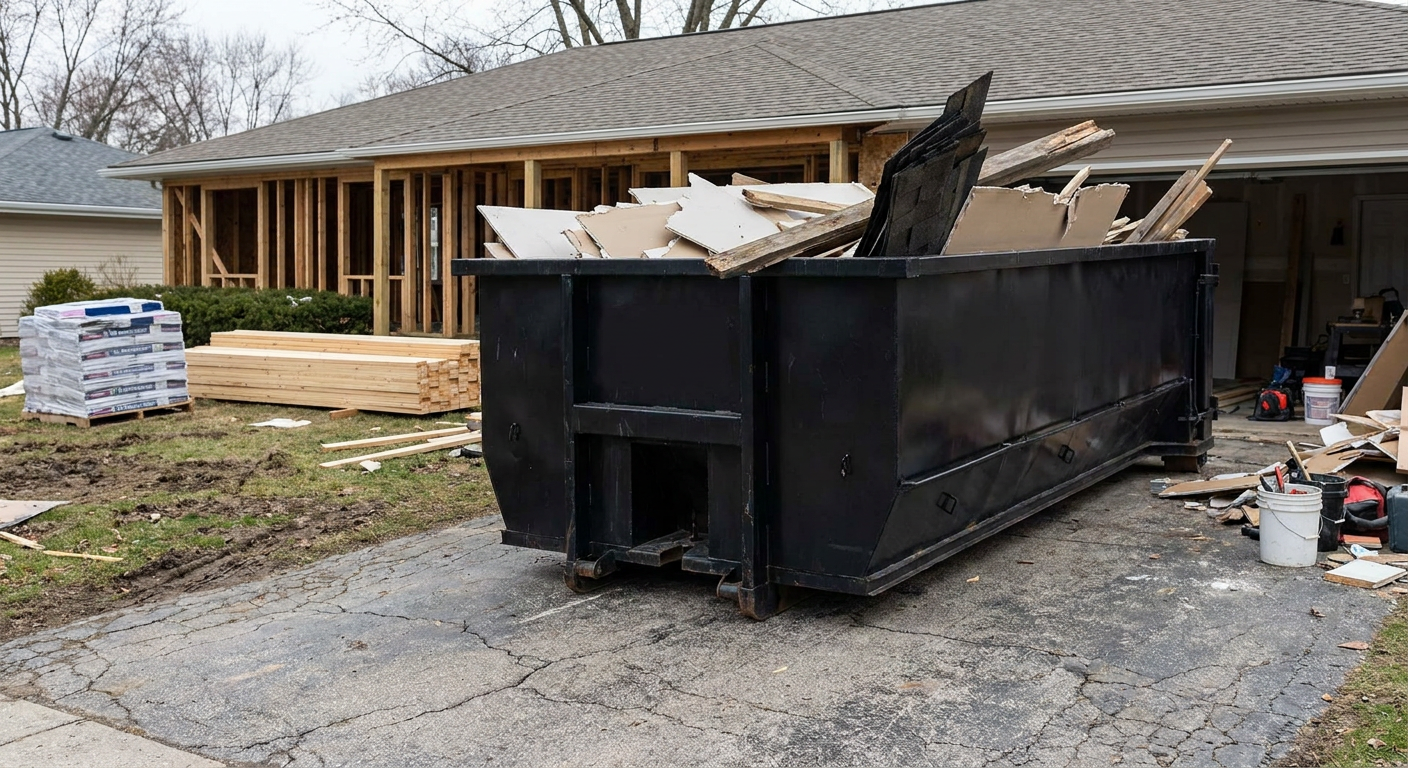 A matte-black 20-yard roll-off dumpster placed alongside a mid-renovation San Antonio home directly on the asphalt driveway, with framing materials and torn-off shingles staged neatly nearby.