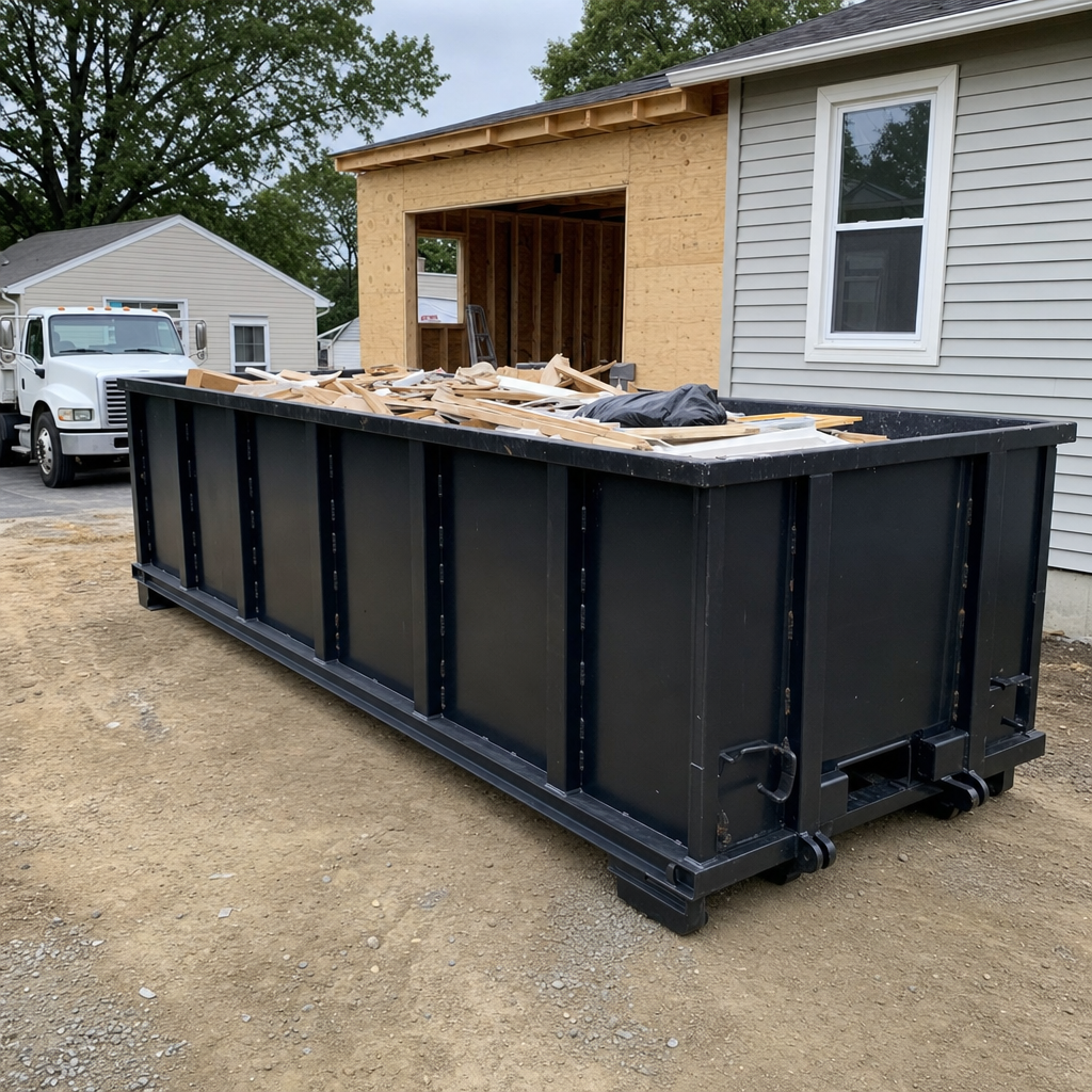A matte-black 30-yard roll-off dumpster positioned at a San Antonio residential addition jobsite, with framing lumber and drywall scraps loaded through the open swinging rear doors.