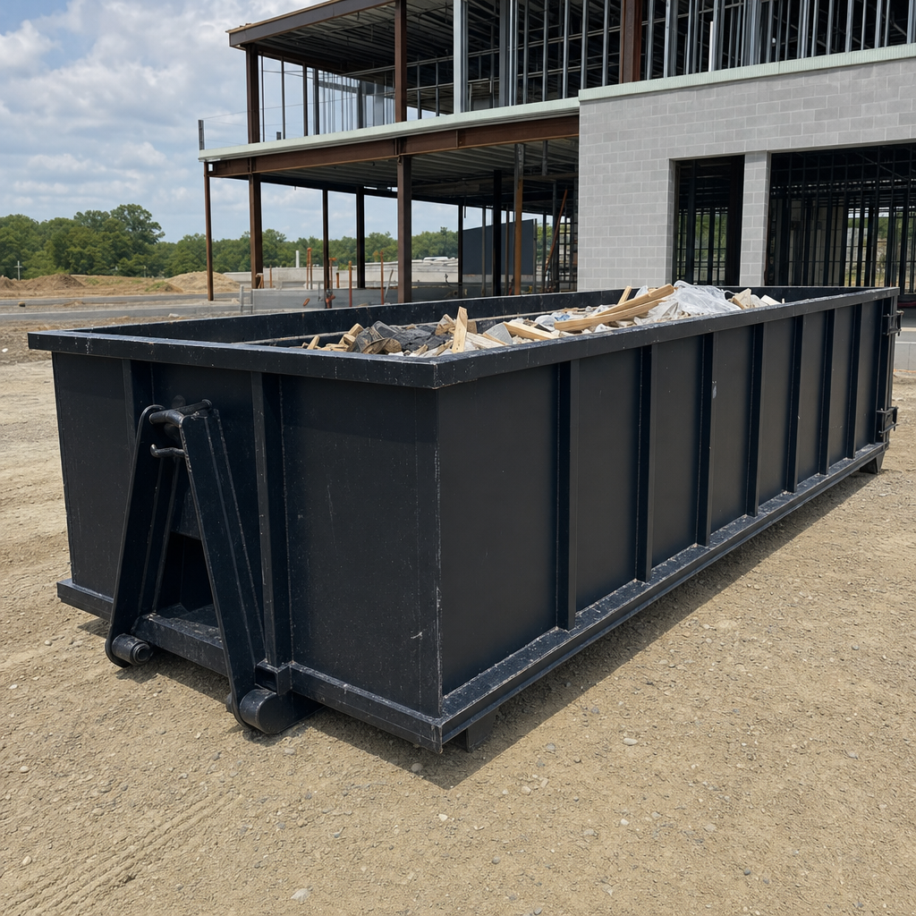 A matte-black 40-yard roll-off dumpster staged on a large San Antonio commercial construction lot, with a hooklift delivery truck parked alongside under bright midday sky.