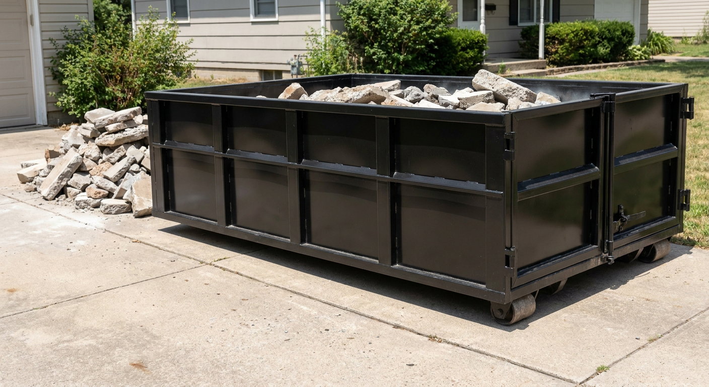 A matte-black low-side heavy-debris roll-off dumpster placed directly on a San Antonio concrete driveway, with broken concrete chunks neatly stacked beside it under clean daylight.